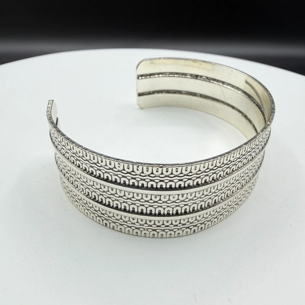 Silver Tone Wide Etched Cuff Bracelet Tribal Boho Textured Statement Jewelry